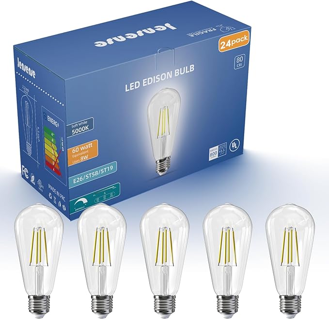Jensense Edison LED Light Bulbs 8Watt Dimmable Light Bulbs 5000K Daylight White, E26 LED Bulb 60watt Equivalent, Vintage Bulbs 800lm CRI 90 Clear Glass 24 Packs
