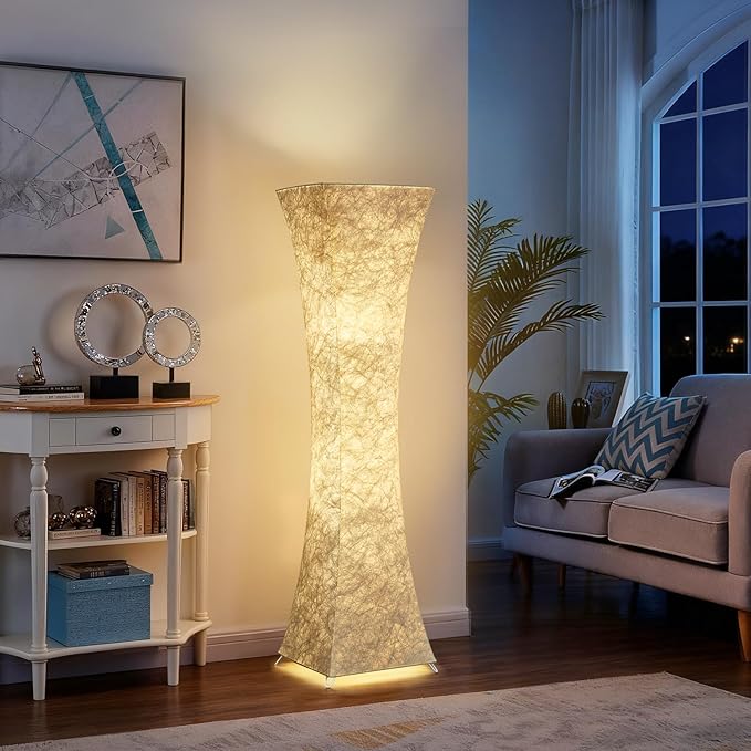 GyroVu Floor Lamp for Living Room, 47“ 3-Color Temperature Standing Corner Floor Lamps, Modern Column Floor Light with White Fabric Shade for Bedroom, Home Office, Kids Room, 2 Bulbs Include