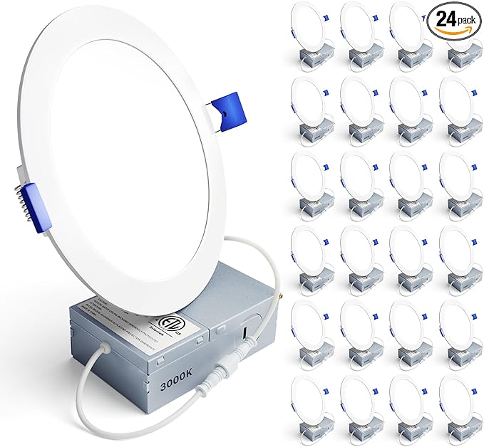 Ensenior 24 Pack 6 Inch LED Recessed Ceiling Light, Dimmable, 3000K Warm White, 1200LM 12W 120V, High Brightness Canless Wafer Downlight - ETL&FCC&IC
