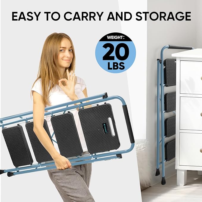 TICONN 4 Step Ladder, Heavy Duty Foldable Step Stool, Portable Steel Folding Stool for Household Garage Storage (Blue)