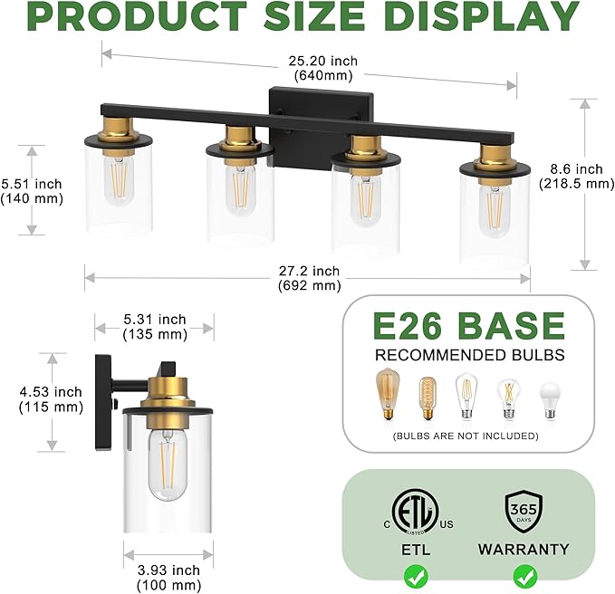 DORESshop Bathroom Light Fixtures, 4-Light Gold and Black Bathroom Lighting Fixtures Over Mirror with Clear Glass Shade, Vanity Lights for Hallway Living Room Bedroom