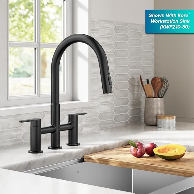 KRAUS Oletto Bridge Kitchen Faucet with Pull-Down Sprayhead in Matte Black, KPF-3122MB