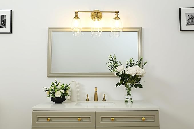 Phansthy 3-Light Wall Sconces Antique Brass Vanity Light, Industrial Wall Lamps with On Off Switch and Clear Glass Lampshade, Vintage Wall Lighting for Bathroom Living Room (Antique, Bell Shade)