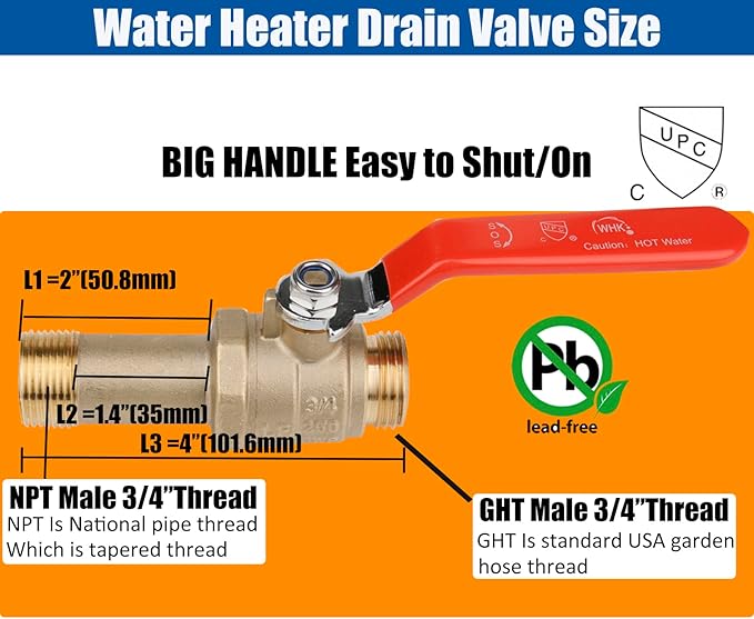 WHK Water Heater Drain Valve 3/4"MIP X 3/4" Male GHT Connection to drain or Flush Hot Water Heater Faster and Easy Big Full Port (Lead-Free Brass,2 Inch Shank with Long Handle,Straight)