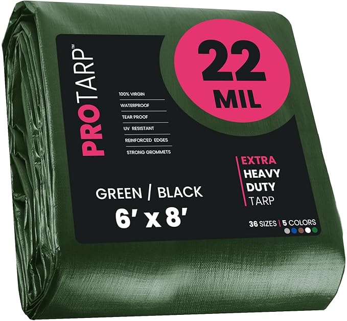 PROTARP Extreme Heavy Duty 22 Mil Tarp Cover, Waterproof, UV Resistant, Rip and Tear Proof, Poly Tarpaulin with Reinforced Edges for Roof, Camping, Patio, Pool, Boat. (Green/Black 6′ X 8′)