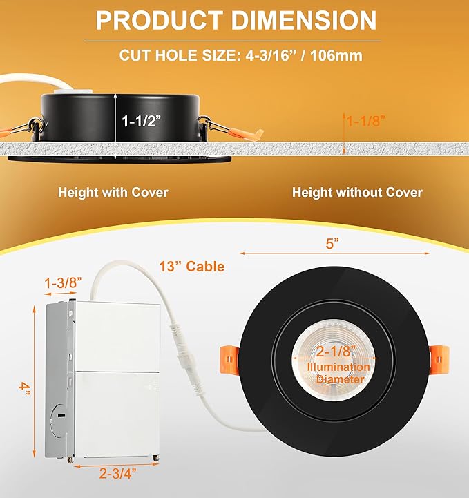 Cloudy Bay Eyeball 5 Color 4 inch Gimbal LED Recessed Light with Junction Box,9.5W CRI90+ 2700K/3000K/3500K/4000K/5000K Selectable,Dimmable Canless Ceiling Spot Light,Damp Location,Black,Pack of 6