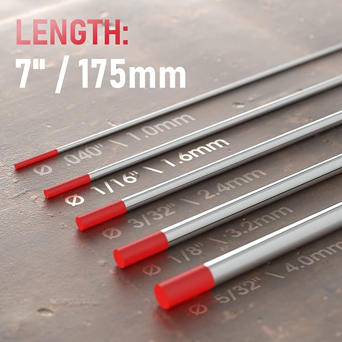 YESWELDER TIG Welding Tungsten Electrode Red Tip 1/16" x 7" (Red, WT20/EWTh-2) 10-pk
