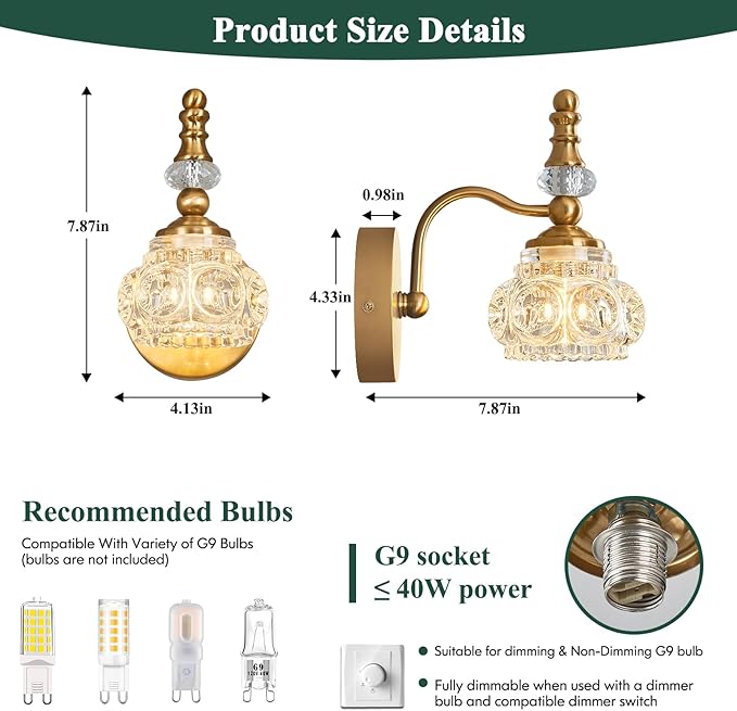 Modern Wall Sconce Set of Two Indoor Lamp Gold Vintage Glass Light Bathroom Vanity Fixture Wall-Mounted Room Lighting