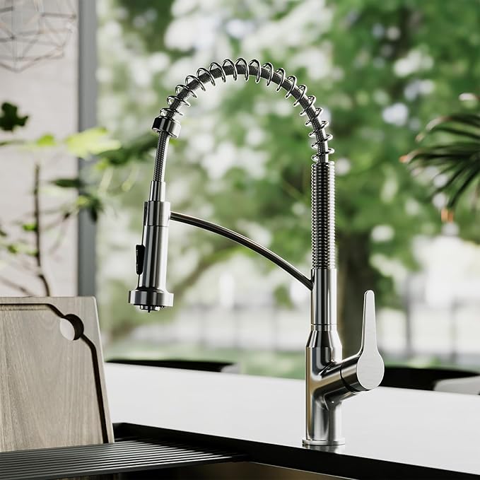 Karran Scottsdale Commercial Style Pull-Down Kitchen Faucet with Sprayer, Spot-Free Stainless Steel, High Arc Single Handle Pre-Rinse Spring Faucet