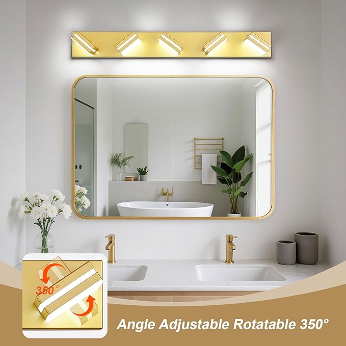 Modern LED Bathroom Lights Fixtures(5-Light),Metal Gold Acrylic Wall Lighting,Vanity Lights for Bathroom Over Mirror(6000k 34In)