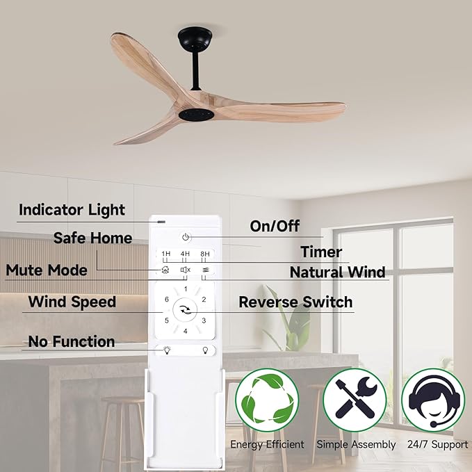 52" Wood Ceiling Fan with Remote Control, 3 blade Ceiling Fan without Lights for Indoor/Outdoor - Modern Design, Powerful Airflow, Silent Operation