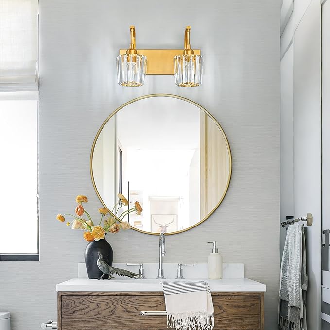 Modern Bathroom Vanity Light, 2-Light Gold Wall Sconce with Crystal Accents, Over Mirror Bathroom Lighting Fixture, 13.77" Long Dimmable Vanity Lamp for Makeup, Easy Installation