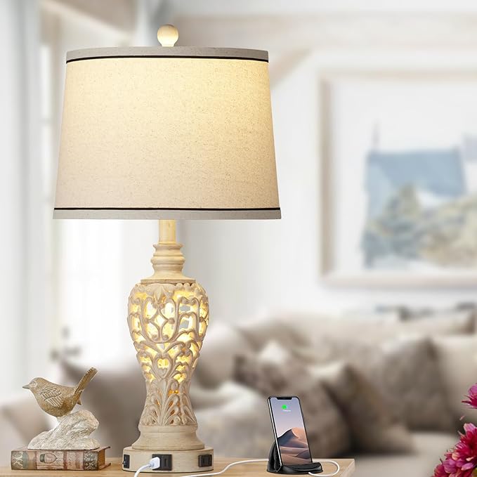Table Lamps Set of 2, Farmhouse Table Lamps with Nightlight, Rustic Bedside Lamps with Dual USB & AC Outlet, 25.2'' Beige Vintage Nightstand Lamps for Bedroom Living Room, Bulbs Included