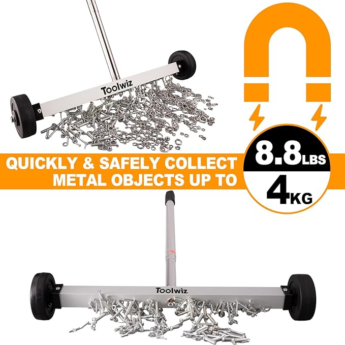 Toolwiz Magnetic Pick Up Sweeper 17-inch Heavy Duty Magnet Pickup Lawn Sweeper Roofing Tools, 8.8 Lbs Yard Magnet with Telescoping Holder and Wheels to Pick Up Nails Magnetic Sweeper for Construction