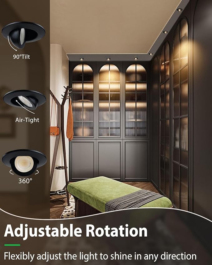 zouzai 2 Inch 5CCT Gimbal Black Led Recessed Lighting with Junction Box, 360°+90° Adjustable Led Recessed Lights, 2700K/3000K/3500K/4000K/5000K, 5W Eqv 50W, 550LM Brightness - ETL (Black, 12 Pack)