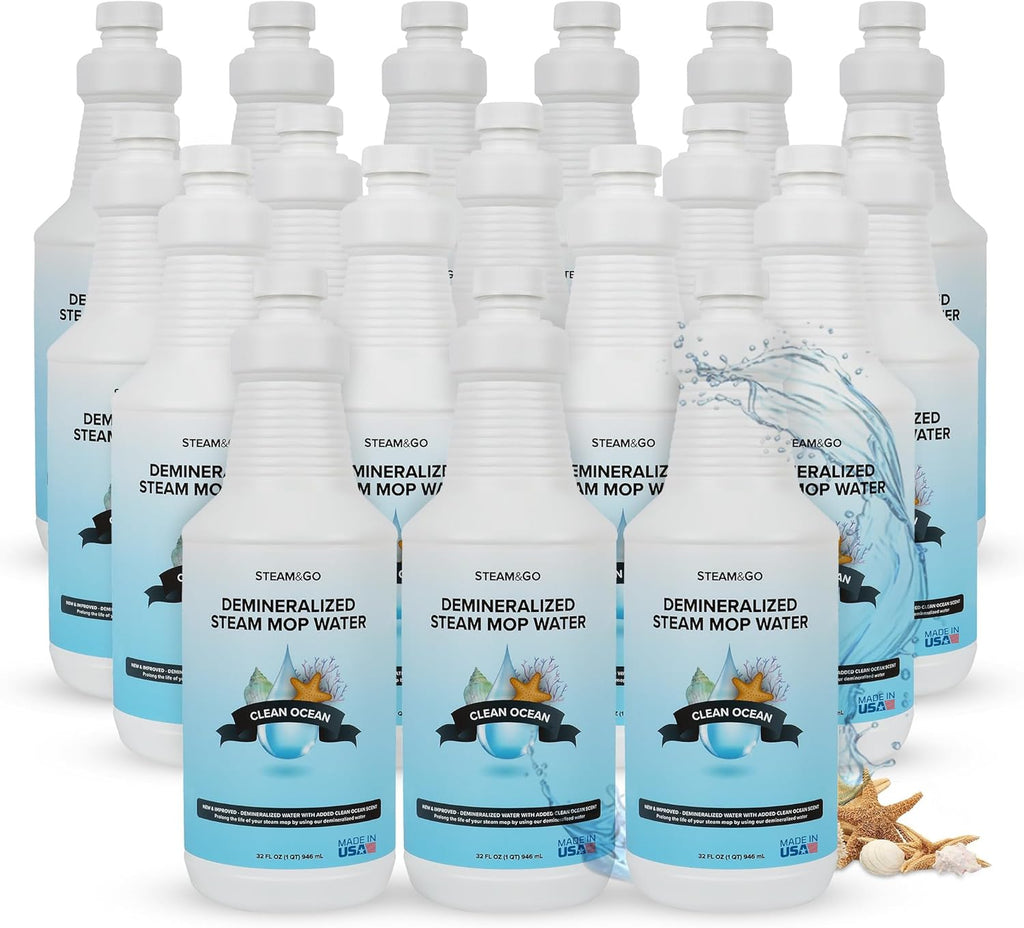 Steam & Go Demineralized Water - Multisurface Cleaner, PVC-Free Ready-to-Use for Mops & Floor Steamers - Ideal for Kitchen, Bathroom, & Home Surfaces - Clean Ocean Scent - 32oz (Pack of 18)