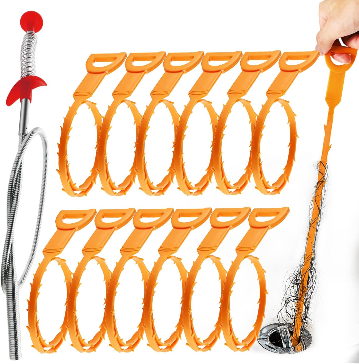 Snake Drain Hair Clog Remover: Remover Auger Cleaning Tool (12pcs) with Steel Claw for Tub Shower Bathroom Toilet Sink