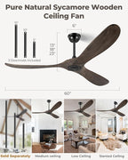 60" Ceiling Fans Without Light, Solid Wood Ceiling Fan No Light with Remote Control and DC Motor, Outdoor Ceiling Fan with 3 Blades, Outdoor fan for Patios - Deep Brown