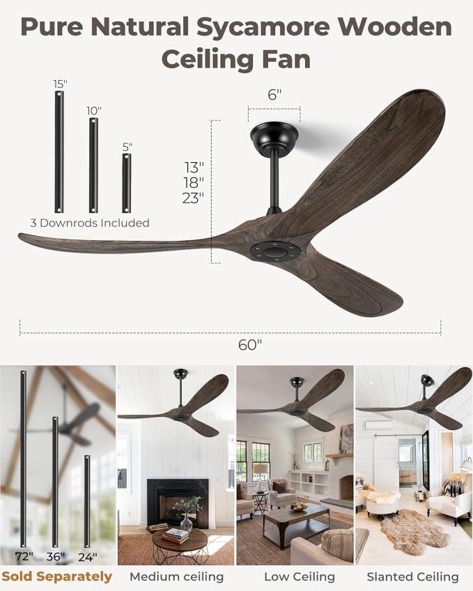 60" Ceiling Fans Without Light, Solid Wood Ceiling Fan No Light with Remote Control and DC Motor, Outdoor Ceiling Fan with 3 Blades, Outdoor fan for Patios - Deep Brown