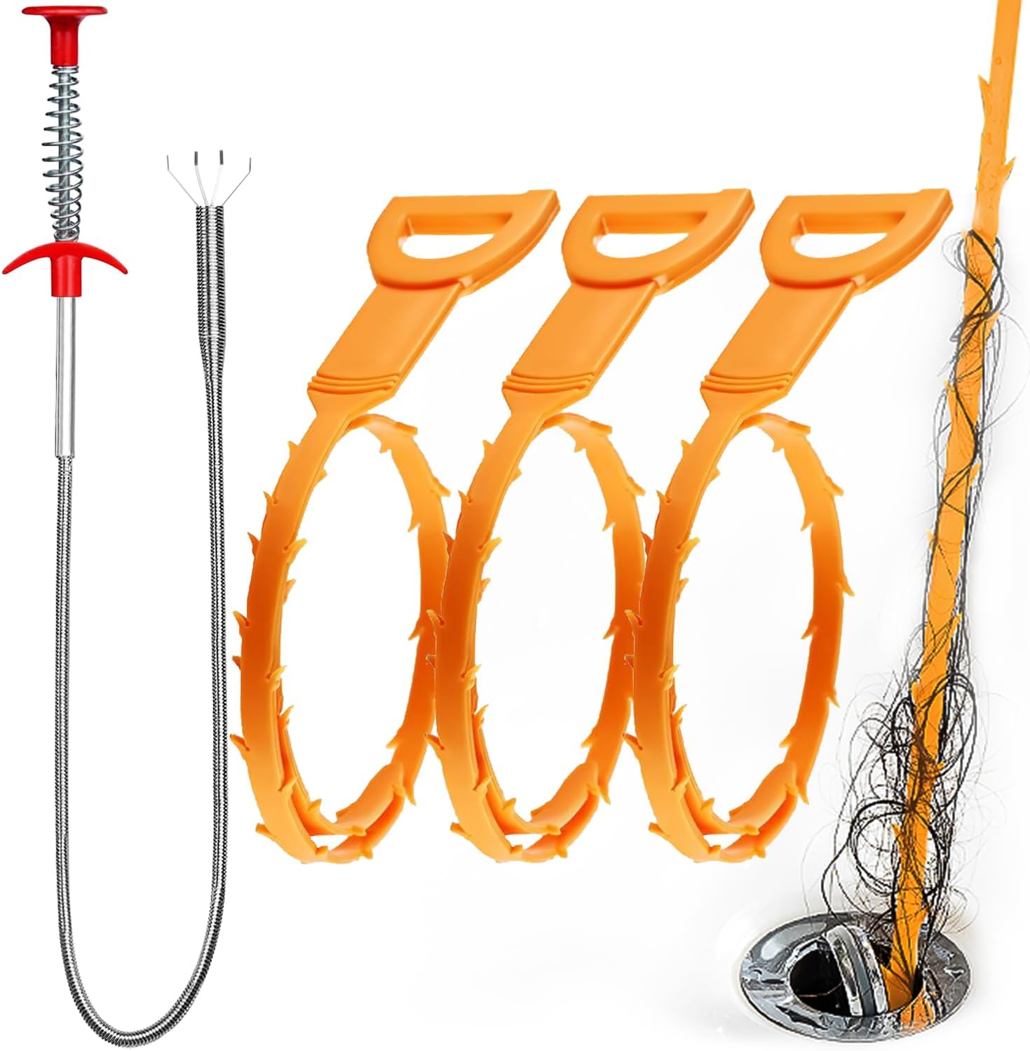 Omont Snake Drain Hair Clog Remover Tool, 34 Inch Stainless Steel Claw and 3 Pack 19. 7 Inch Plastic Sink Unclogger Tool, Sink Drain Cleaner Tool for Kitchen, Sink Bathroom, Tub Toilet Orange (3+1)
