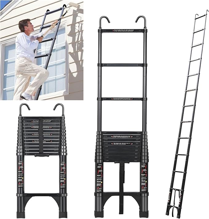 JADDUO 16.5FT Telescopic Ladder, Aluminium Black Telescoping Ladder with Non-Slip Feet and Stable Hook, Portable Extension Ladder for Household and Outdoor Working, Heavy Duty 330lbs Max Capacity