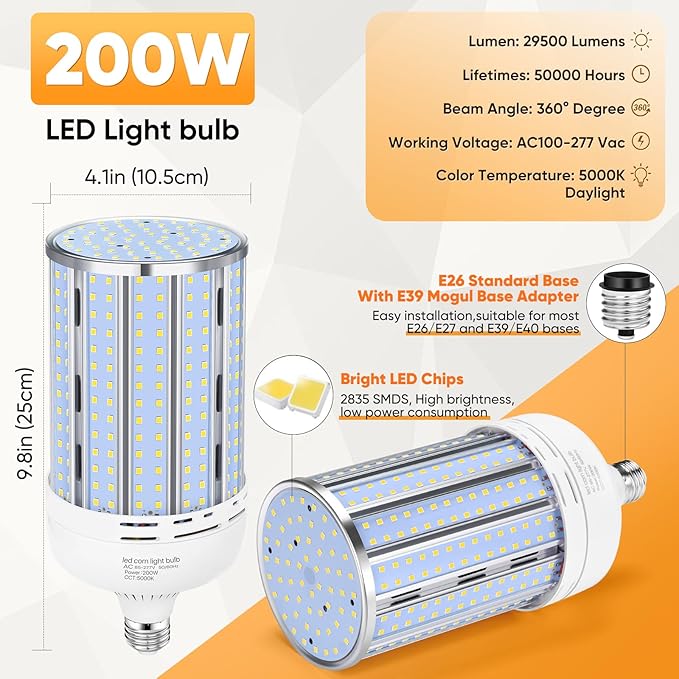 2 Pack 200W Corn LED Light Bulb Fanless,29,500LM 5000K Daylight(2000 Watt Equivalent) E26/E39 Large Mogul Base LED Cob Lamp for Outdoor Indoor Garage Warehouse Factory Workshop Street Backyard