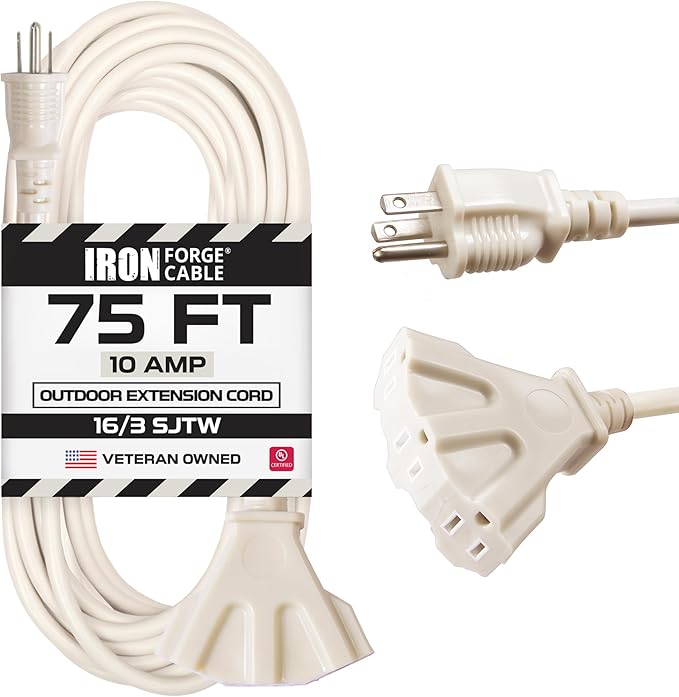 Iron Forge Cable Weatherproof 75 Ft Outdoor Extension Cord with 3 Outlets - 16/3 SJTW Heavy Duty Beige Extension Cord 3 Prong - 10 Amp Power Cable