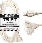 Iron Forge Cable Weatherproof 75 Ft Outdoor Extension Cord with 3 Outlets - 16/3 SJTW Heavy Duty Beige Extension Cord 3 Prong - 10 Amp Power Cable