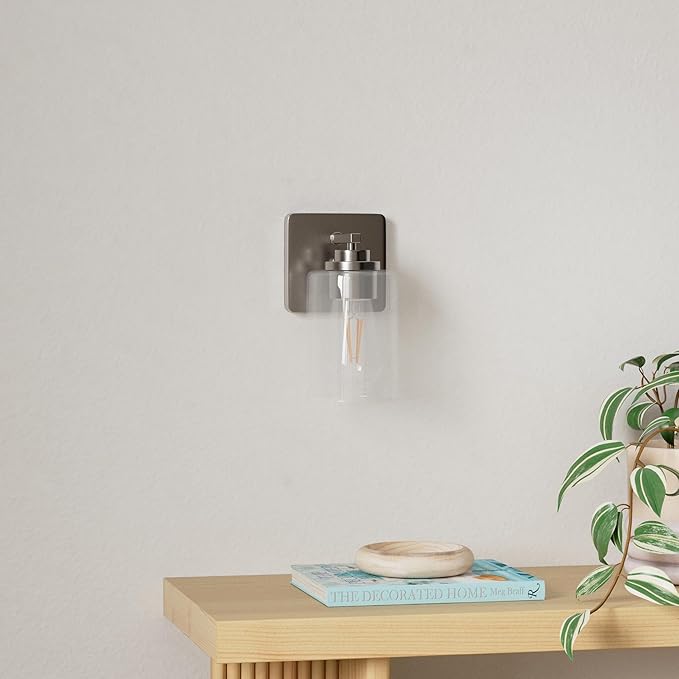 Set of 2 Wall Sconces for Bathroom, Brushed Nickel Vanity Light Fixtures, Modern Wall Mount Lighting Lanterns, Farmhouse Wall Lamps with Clear Glass Shade for Bedroom Living Room Mirror Hallway Porch