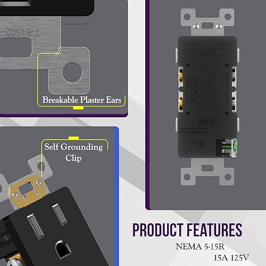 ENERLITES 20 Pack Black Decorator Receptacle with Screwless Wall Plate, Standard Electrical Wall Outlet, 15A 125V, Self-Grounding, 2-Pole, 3-Wire, 5-15R, UL Listed, 61502-TR-BKSID, Tamper Resistant