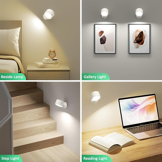 LED Wall Sconces 2 Pcs with Remote, Wall Mounted Lights Rechargeable Battery Operated, 3 Color Temperatures & Dimmable Wall Lamp Magnetic 360° Rotation Light for Bedroom Living Room