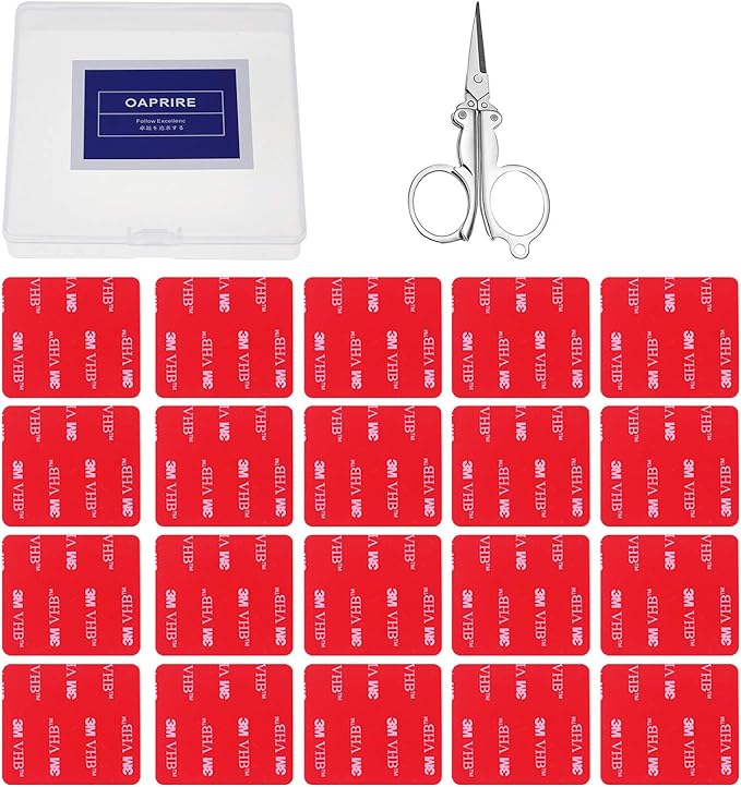 OAPRIRE 3M Double Sided Adhesive Tape Pads 20 PCS Multipurpose 3M VHB Sticky Adhesive Pads Replacement Mounting Tape with Stainless Steel Folding Scissors and Storage Box - 1.96 in x 1.57 in