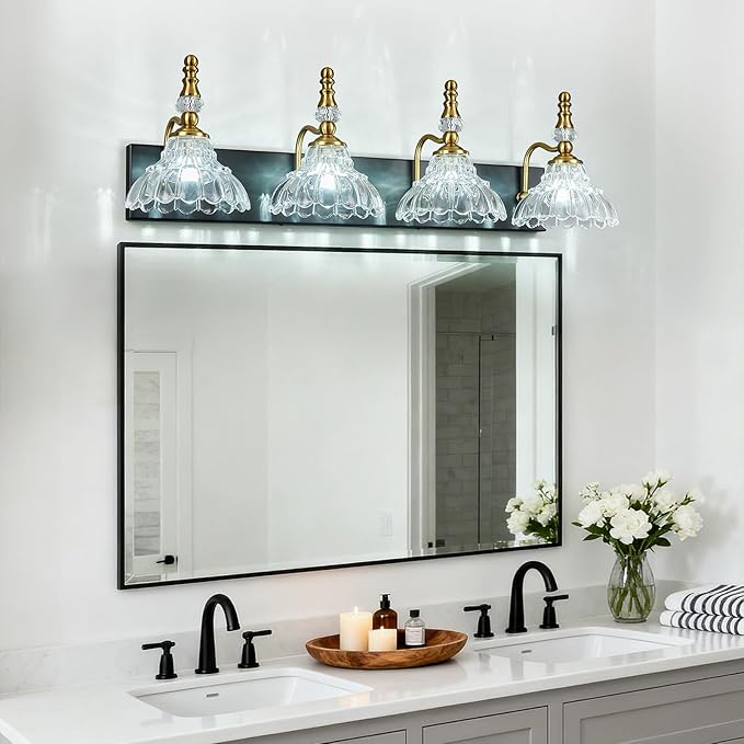 Vintage Bathroom Vanity Light, 4-Light Black Gold Vanity Lighting Fixture with Flower Glass Shade, Bathroom Lighting Fixtures Over Mirror