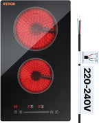 VEVOR Built in Electric Stove Top, 12 inch 2 Burners, 240V Glass Radiant Cooktop with Sensor Touch Control, Timer & Child Lock Included, 9 Power Levels for Simmer Steam Slow Cook Fry