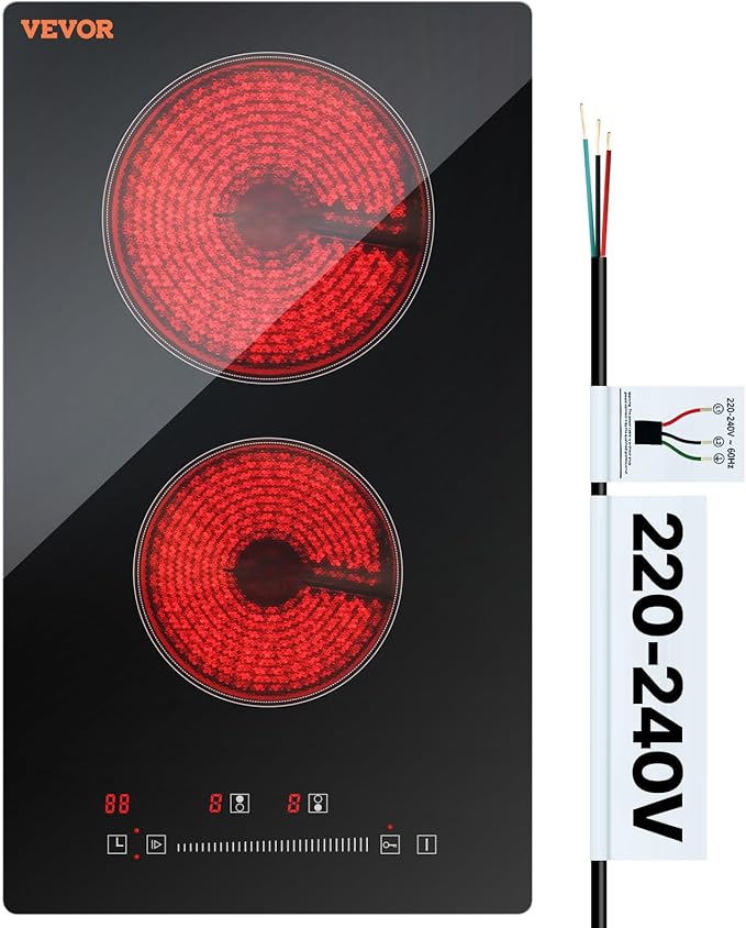 VEVOR Built in Electric Stove Top, 12 inch 2 Burners, 240V Glass Radiant Cooktop with Sensor Touch Control, Timer & Child Lock Included, 9 Power Levels for Simmer Steam Slow Cook Fry