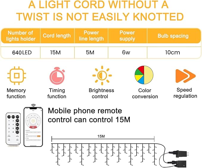 Christmas String Lights Outdoor - 49Ft/15M 640 LED 8 Modes with Remote Control and App Waterproof Christmas Lights for Patio Yard Garden Wedding Party-Warm White to Multicolor