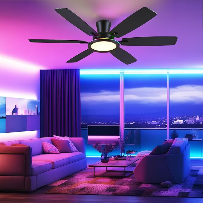 55in Black Flush Mount Ceiling Fan - RGB Low Profile Ceiling Fan Light with Remote-APP, Dimmable and 3CCT, Modern Fan with RGB Light for Indoor and Covered Outdoor