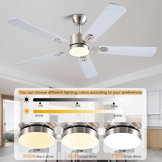 56 inch Ceiling Fans with Lights and Remote/App Control, DC Reversible Motor, Dimmable, Double-Side Blades, 6 Speeds Low Profile Modern Ceiling Fan for Livingroom, Indoor/Outdoor（Nickel）