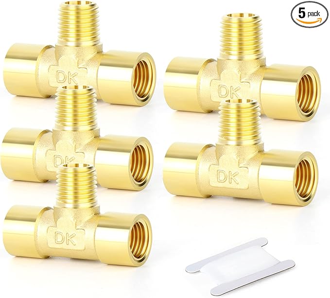 GASHER 5PCS Brass 3 Way Pipe Fitting Male Branch Tee T Adapter 1/4" NPT Female x 1/4" NPT Male x 1/4" NPT Female