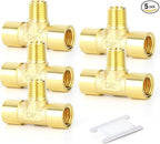 GASHER 5PCS Brass 3 Way Pipe Fitting Male Branch Tee T Adapter 1/4" NPT Female x 1/4" NPT Male x 1/4" NPT Female