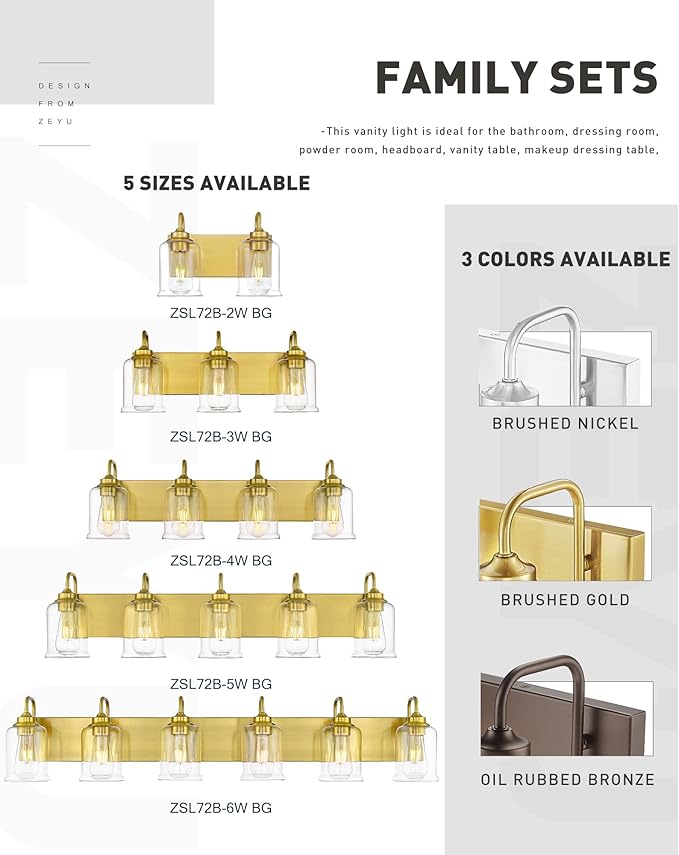 zeyu Bathroom Vanity Light Fixtures, 2-Light Wall Sconce for Bathroom Above Mirror, Gold Vanity Light with Clear Glass Shade, ZSL72B-2W BG