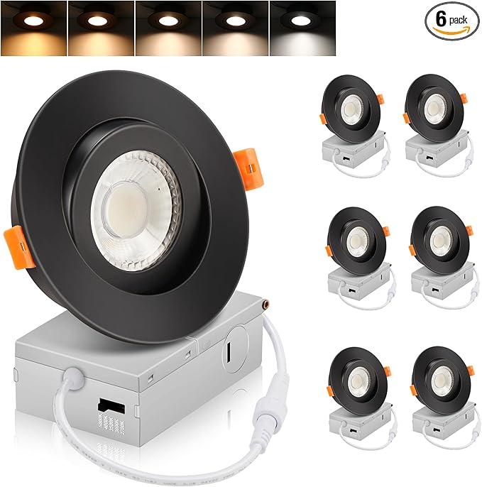 Cloudy Bay Eyeball 5 Color 4 inch Gimbal LED Recessed Light with Junction Box,9.5W CRI90+ 2700K/3000K/3500K/4000K/5000K Selectable,Dimmable Canless Ceiling Spot Light,Damp Location,Black,Pack of 6
