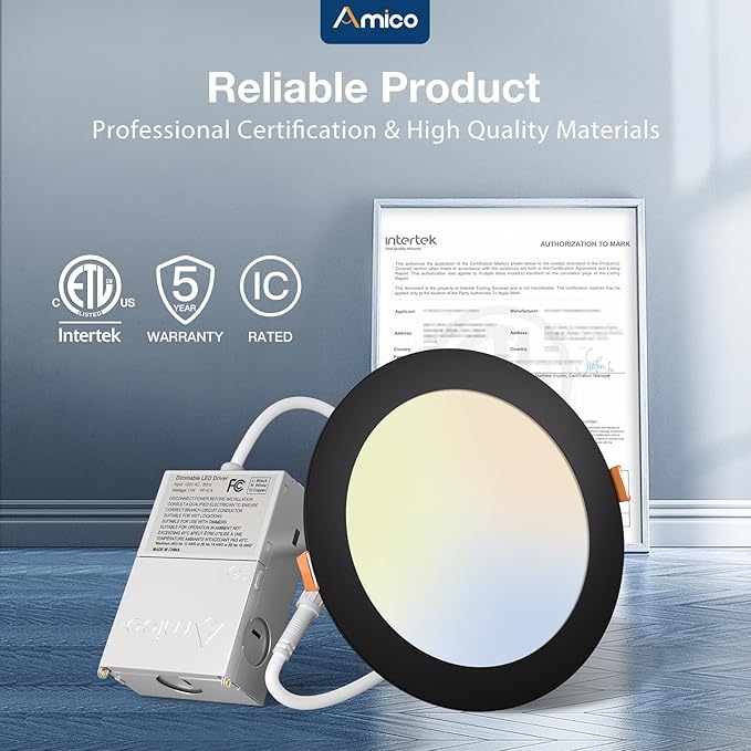 Amico 12 Pack 6 Inch 5CCT Ultra-Thin LED Recessed Ceiling Light with J-Box, 2700K/3000K/3500K/4000K/5000K Selectable, 12W Eqv 110W, Dimmable Canless Downlight, 1050LM High Brightness, Black - ETL