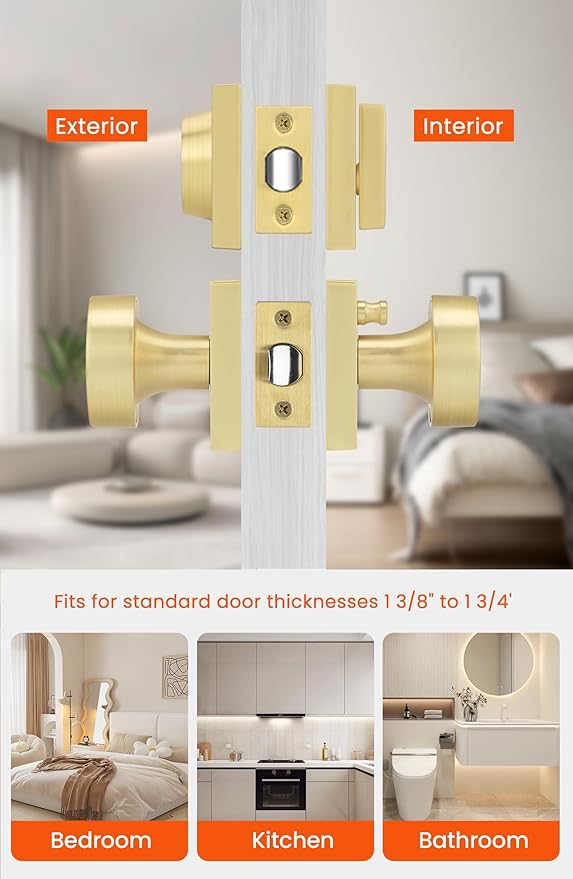 Haidms Brushed Gold Door Knob with Deadbolt, Zinc-Alloy Gold Exterior Door Knobs, Heavy Duty Brass Front Door Knob and Deadbolt Set(2 Pack)