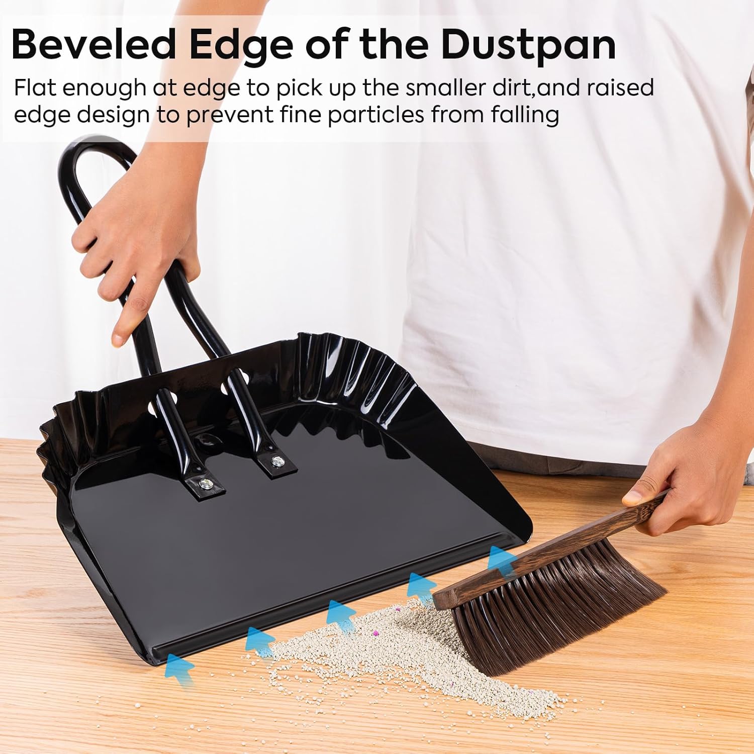 17In Extra Large Dust pan and Brush Set,Commercial Heavy-Duty Dust Pans and Wood Broom,Clip on Dust Pan Metal Edge Flat Against Floor for Patio/Pet/Car/Outdoor-Rubber Coated Easy to Grasp Handle