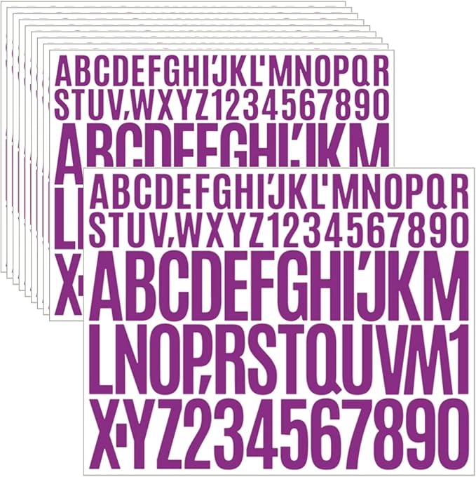 10 Sheets 780 Pcs Vinyl Letter & Number Stickers - Waterproof, Self-Adhesive Alphabet for Mailbox, Door, Window, Cars, Boats, Address(Purple, 1in & 2in)