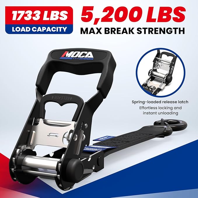 MOCA Black Heavy Duty Ratchet Tie Down Straps - 5200 Lbs Breaking Strength 1.6" x 8', Includes 4 Heavy Duty Ratchet Padded Handles & Coated Chromoly S Hooks & 4 Soft Loop Tie-Downs