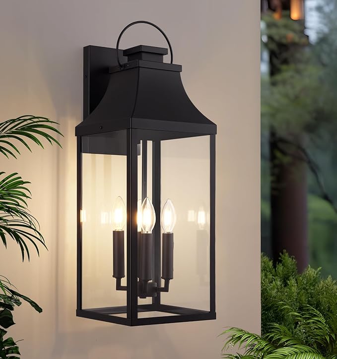 tewei 25'' Large Outdoor Wall Light, Porch Light Outdoor Wall Sconce Lantern, 4-Light Modern Black Exterior Lighting Fixture Wall Mount, Outside Light for House Garage, 1-Pack