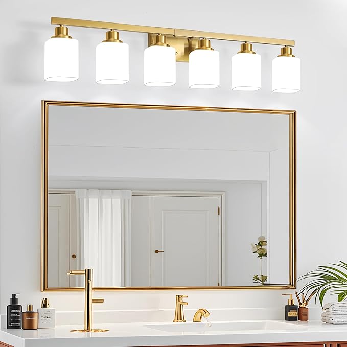 Brushed Gold Bathroom Vanity Light,6-Light Bathroom Light Fixtures with Square Frosted Glass,Gold Bathroom Wall Lamp Sconces for Mirror Bedroom,Living Room Hallway,E26