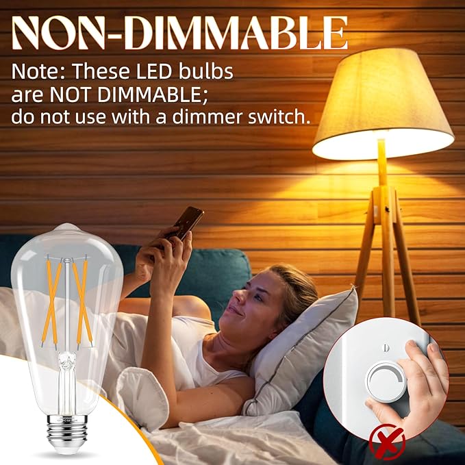 LED Edison Bulbs, E26 Bulb 60 watt Equivalent, Non-Dimmable, Soft White 2700K, ST58 Vintage Light Bulbs, 90+ CRI, 6W 600LM, E26 Medium Base, Clear Glass, 6 Pack